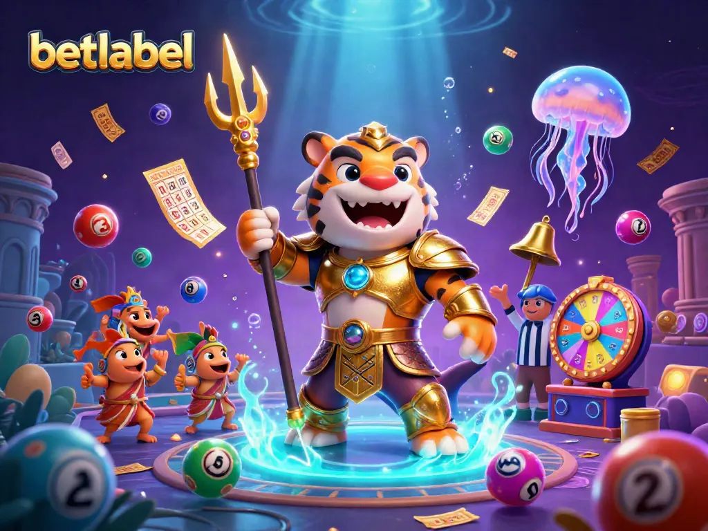 Wild tiger shark in gladiator armor dominates the underwater colosseum scene at BetLabel Casino, surrounded by vibrant gaming elements.