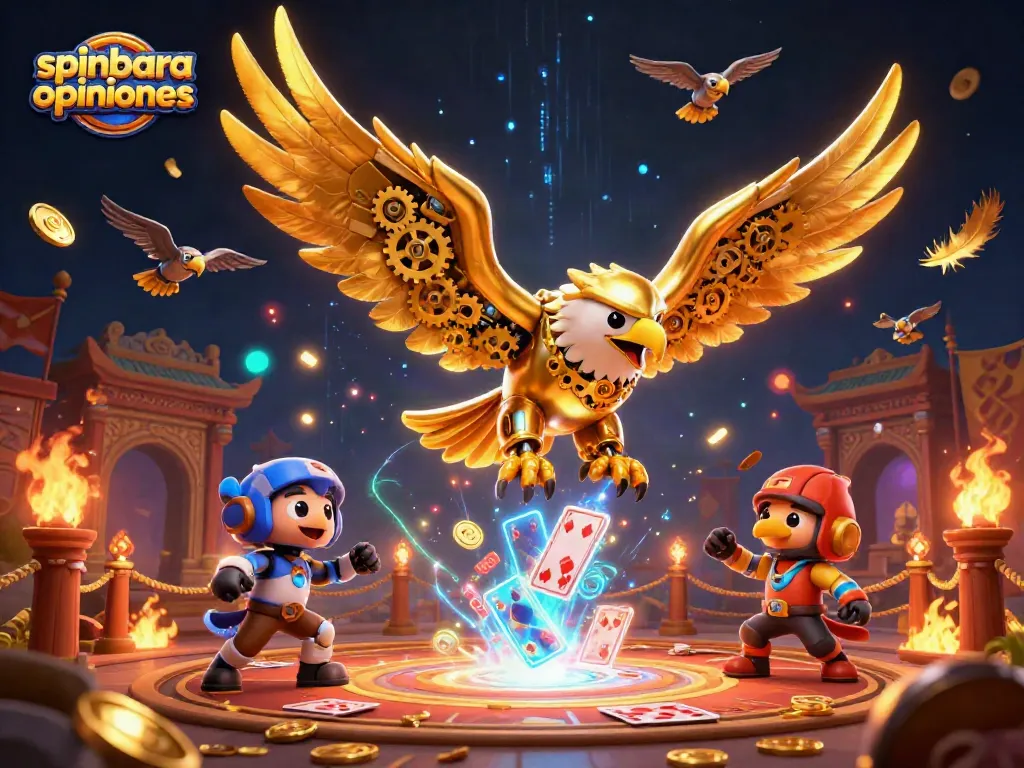 Explore spinbara opiniones with a dynamic illustration featuring a cybernetic eagle amidst holographic playing cards.