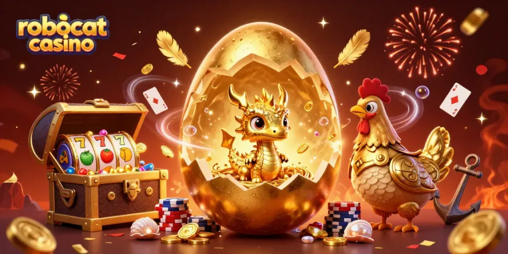 Engage with the vibrant scene at robocat casino featuring a golden dragon guarding poker chips.