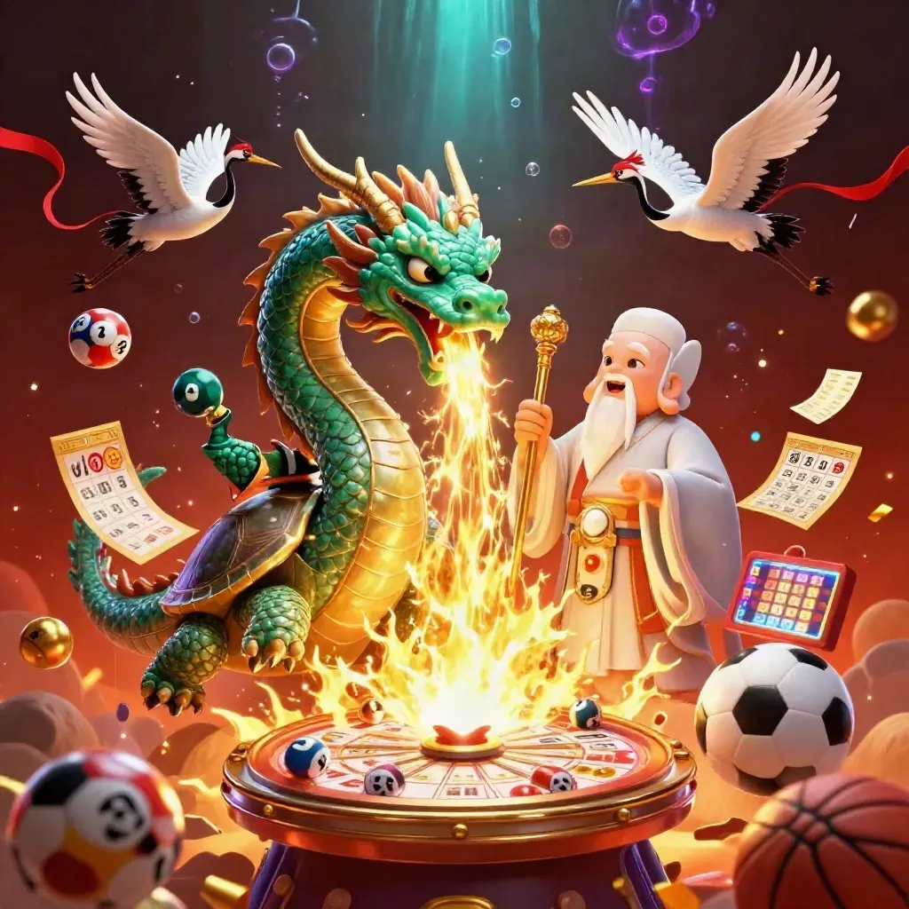 Dragón jade, tortuga sabia y grullas con bolas, ruleta y billetes en un estallido dorado.