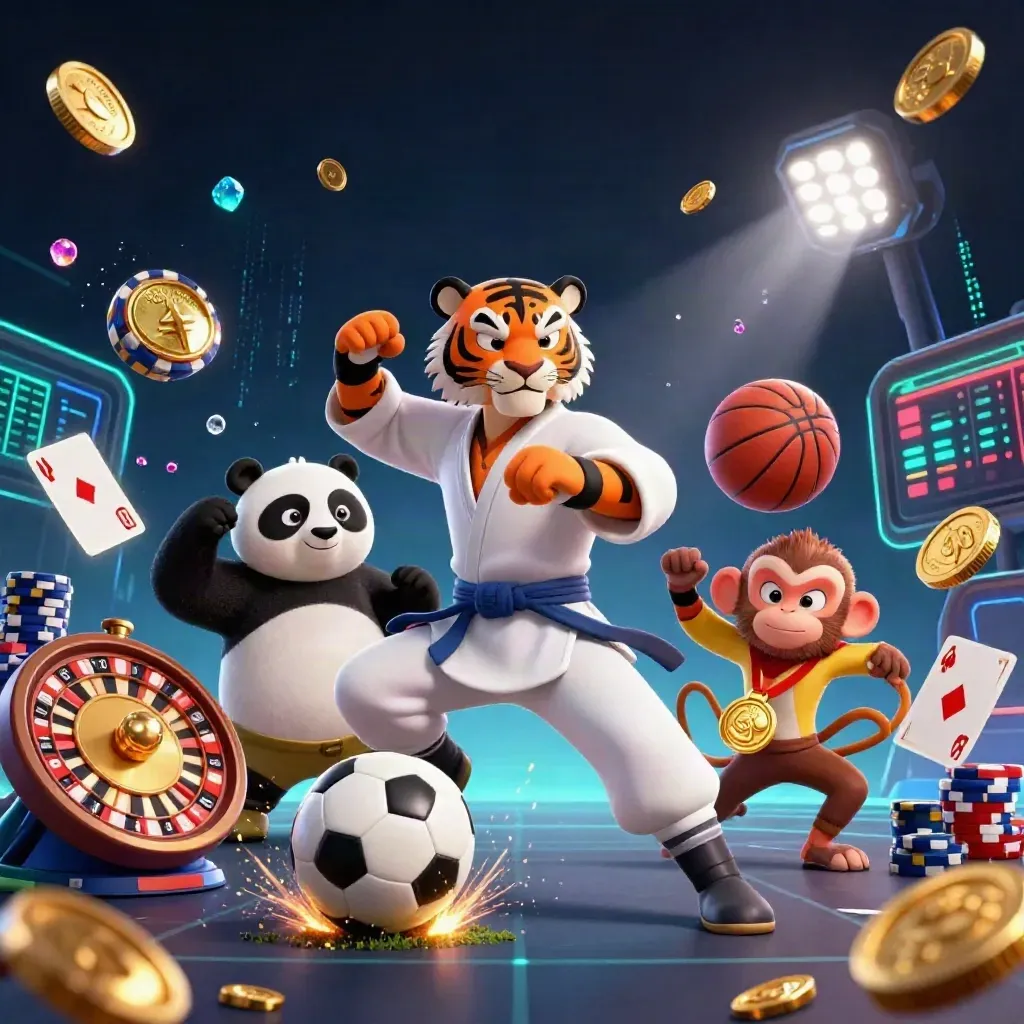 Tigre, panda y mono en acción rodeados de monedas, fichas, cartas y luces de casino