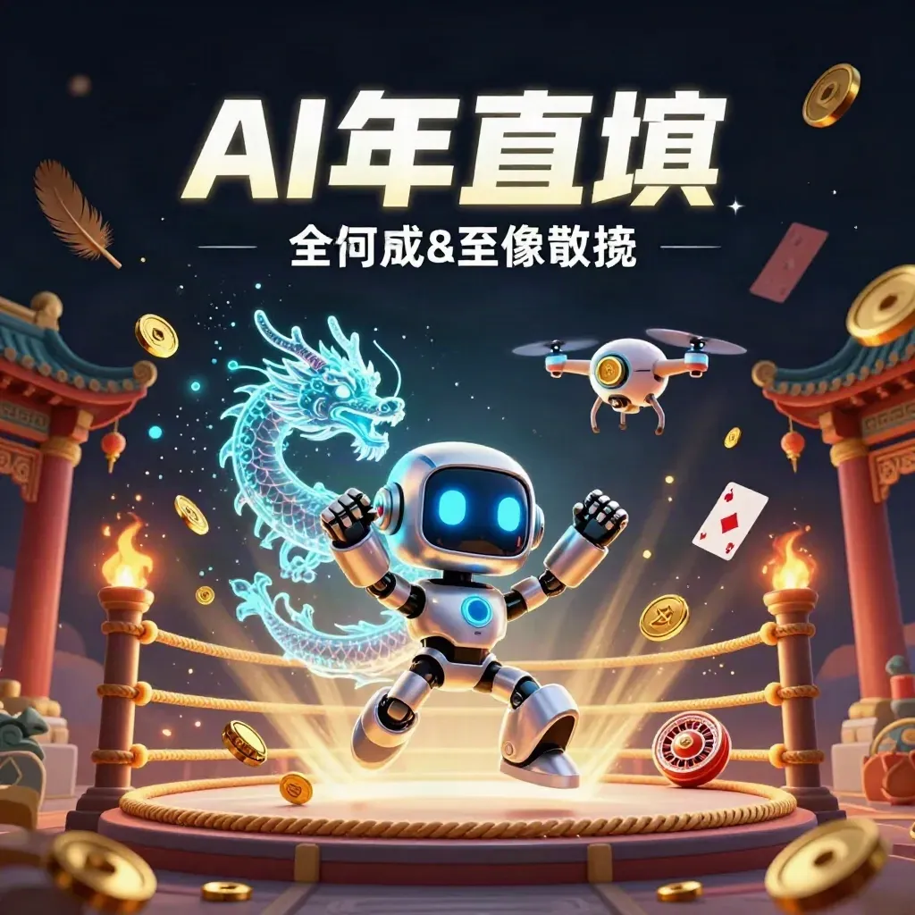 Robot ciberpunk, dragón holográfico y dron entre monedas, templo y luces azules y doradas.