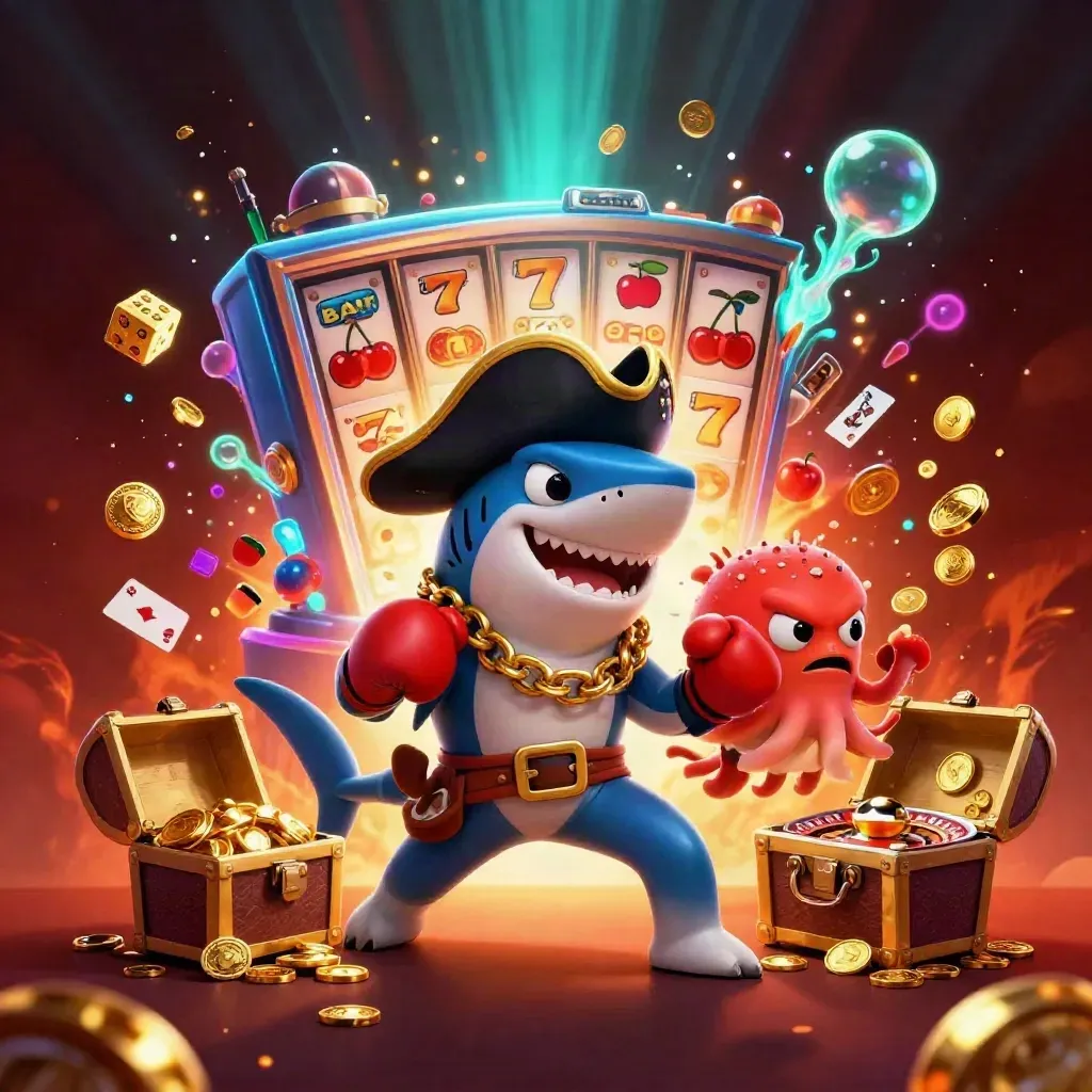 Pirata tiburón, pez globo y pulpo bebé rodeados de monedas y luces de casino.