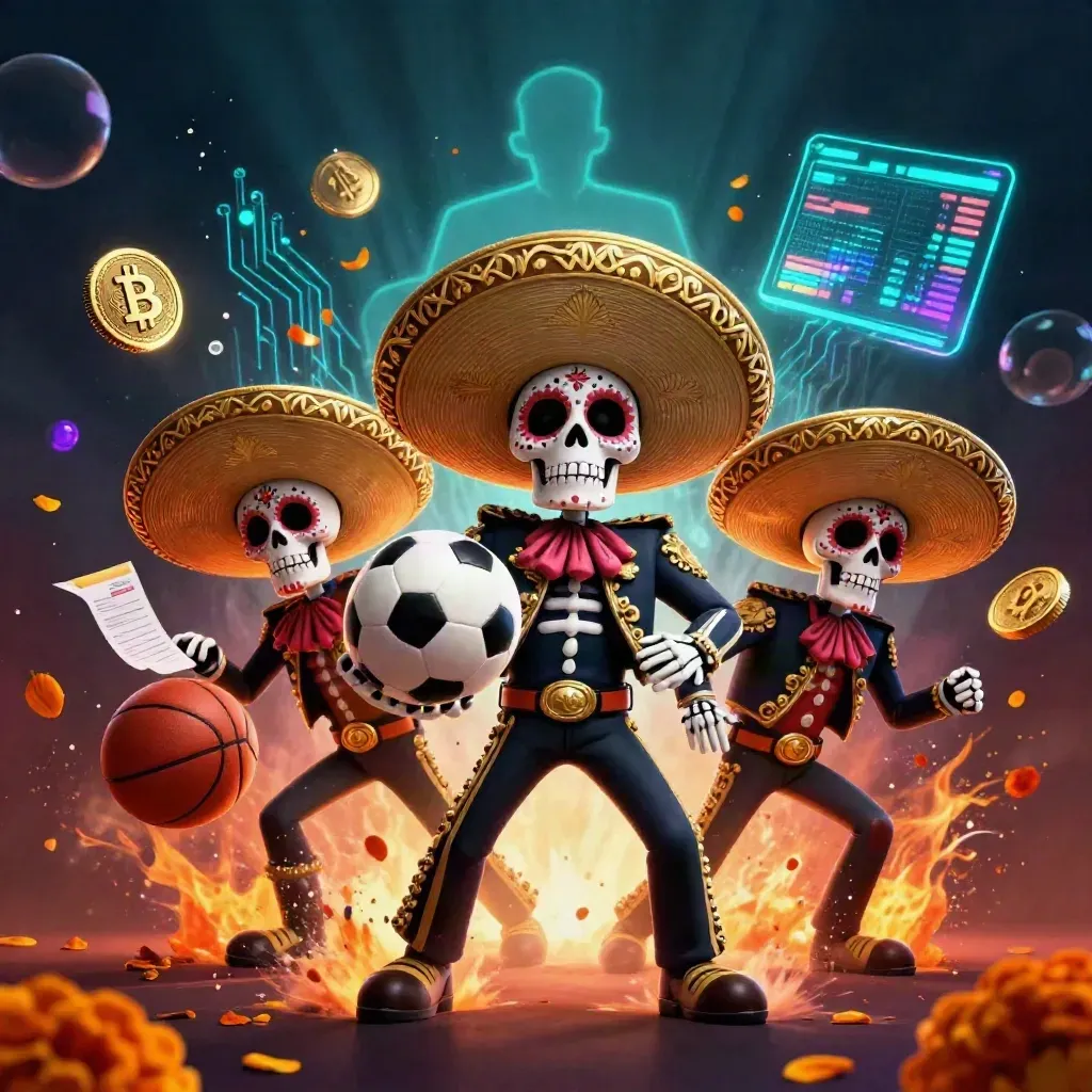 Trío de esqueletos mariachi con monedas cripto, balones y luces neón sobre fondo cálido