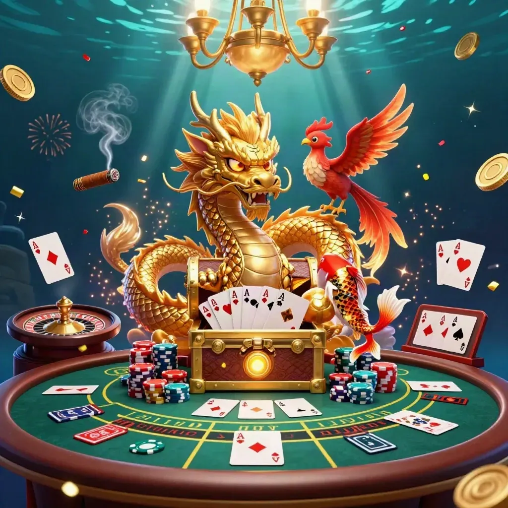 Dragón dorado, fénix rojo y koi junto a cartas, fichas y ruleta bajo luz teal.