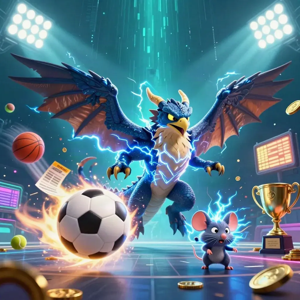 Dragón, halcón y ratón eléctricos entre balones, trofeo y luces en tono casino premium.