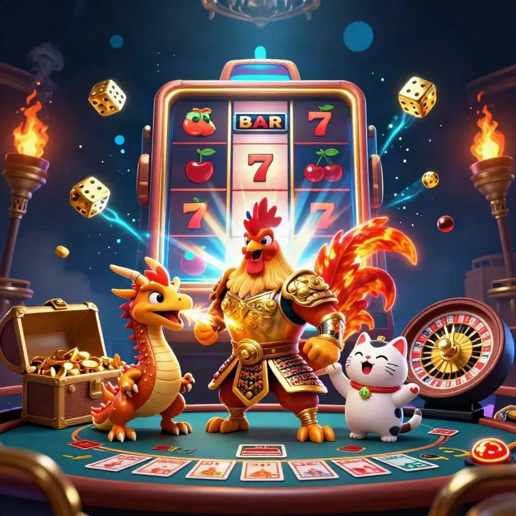 Gallo samurái, dragón y gato de la suerte en escena casino lujosa