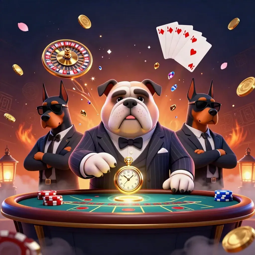 Bulldog mafioso y dos dobermans en un casino, con ruleta, fichas y monedas de oro.