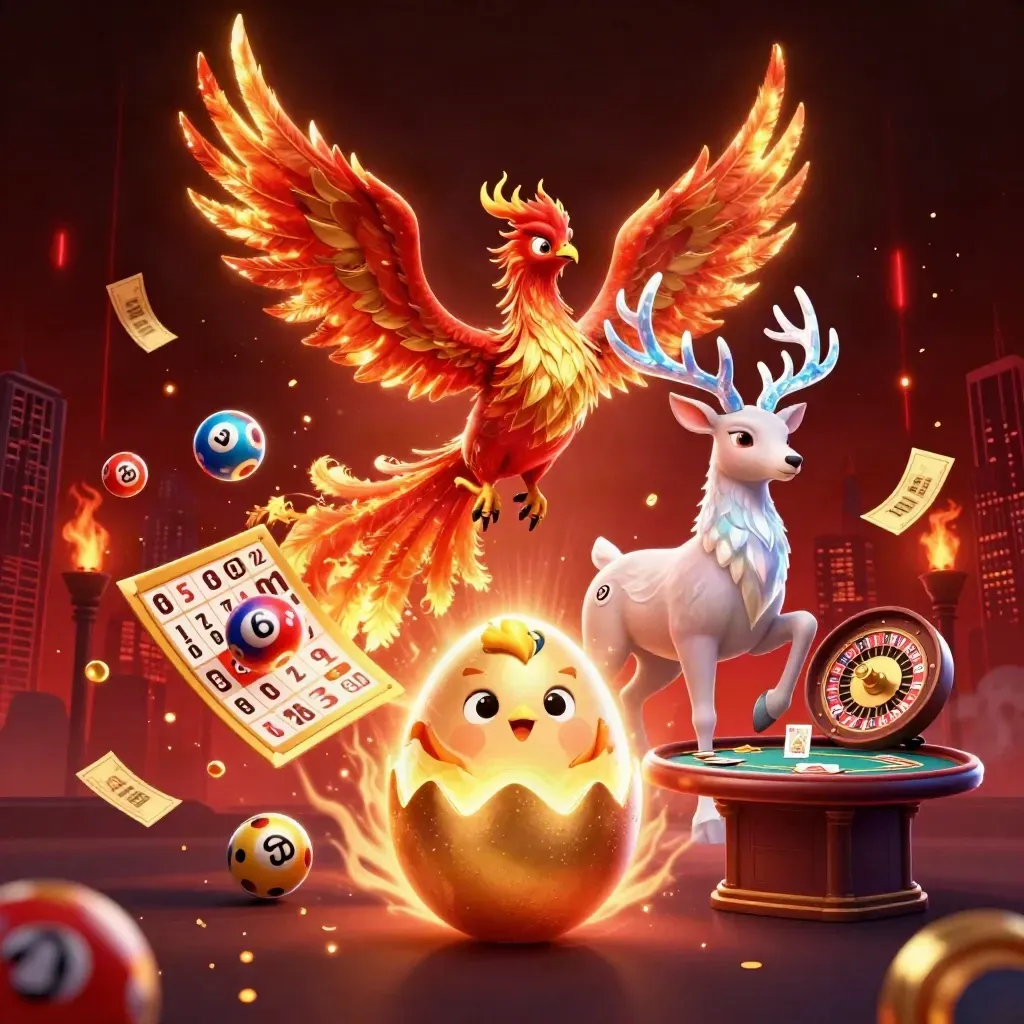Fénix, ciervo místico y sorteo brillante en un casino premium, con luces cálidas y humo.