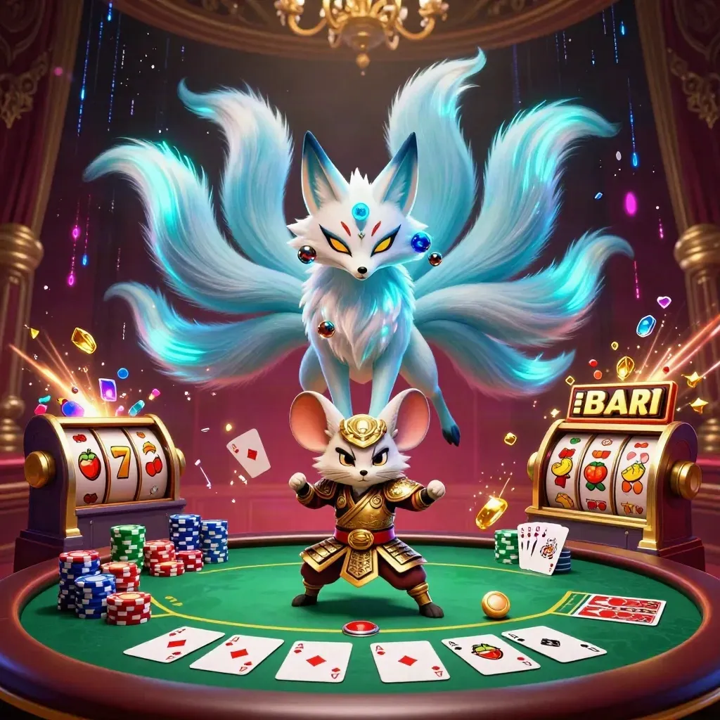 Zorro de nueve colas y ratón samurái entre fichas, cartas, luces neón y tesoros en fondo burdeos.
