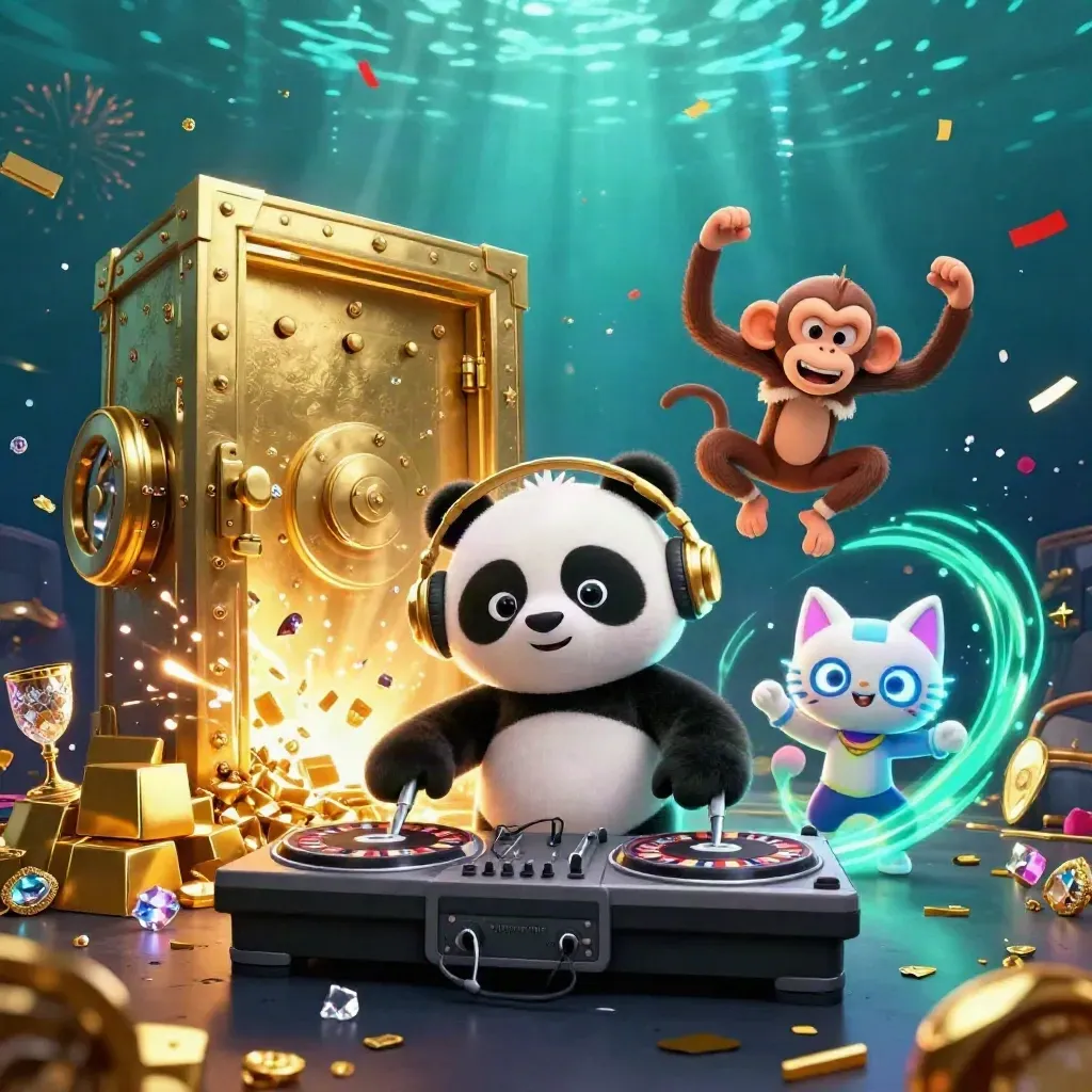 Panda DJ, mono bailarín y gatito neón ante un cofre dorado en fondo submarino.