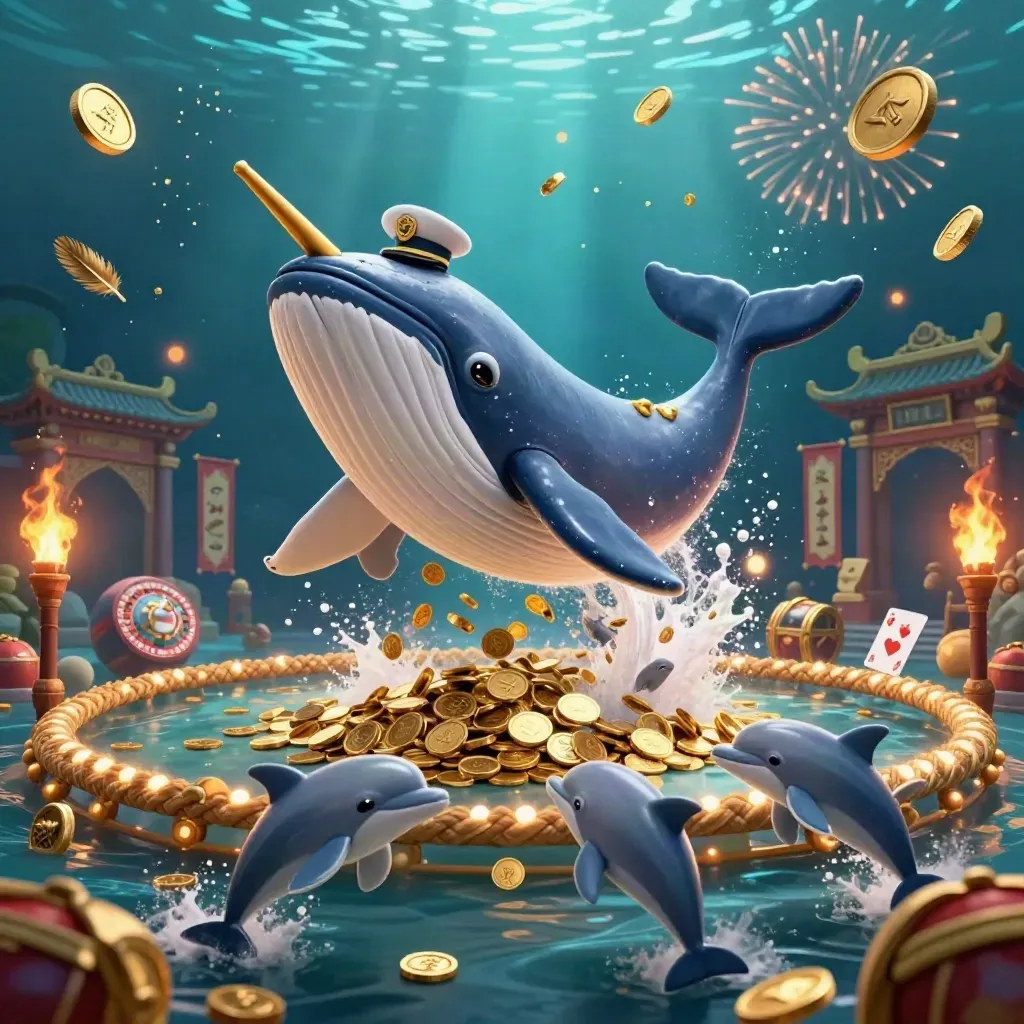 Ballena capitán, narval y delfines entre monedas, oro y luces en un fondo azul marino.