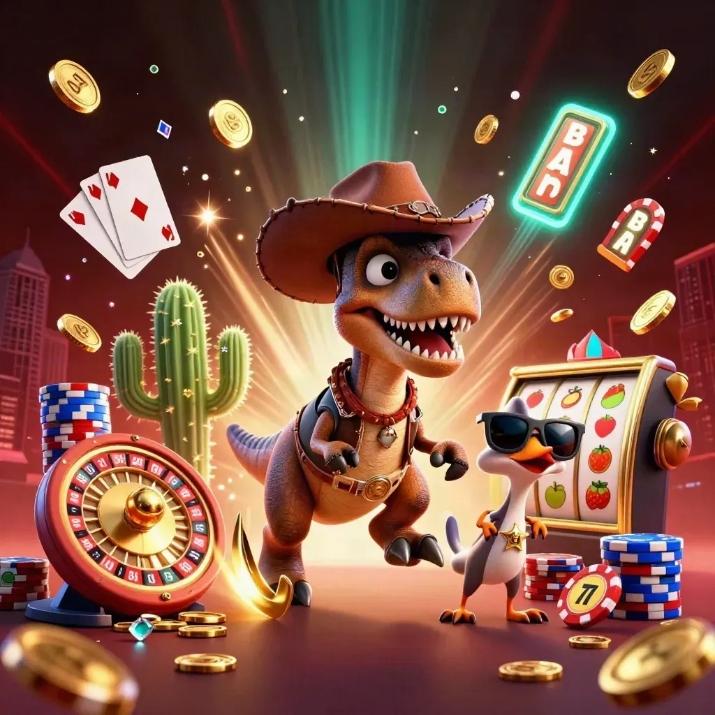 T-Rex vaquero con cactus y correcaminos entre monedas, fichas y neones dorados.