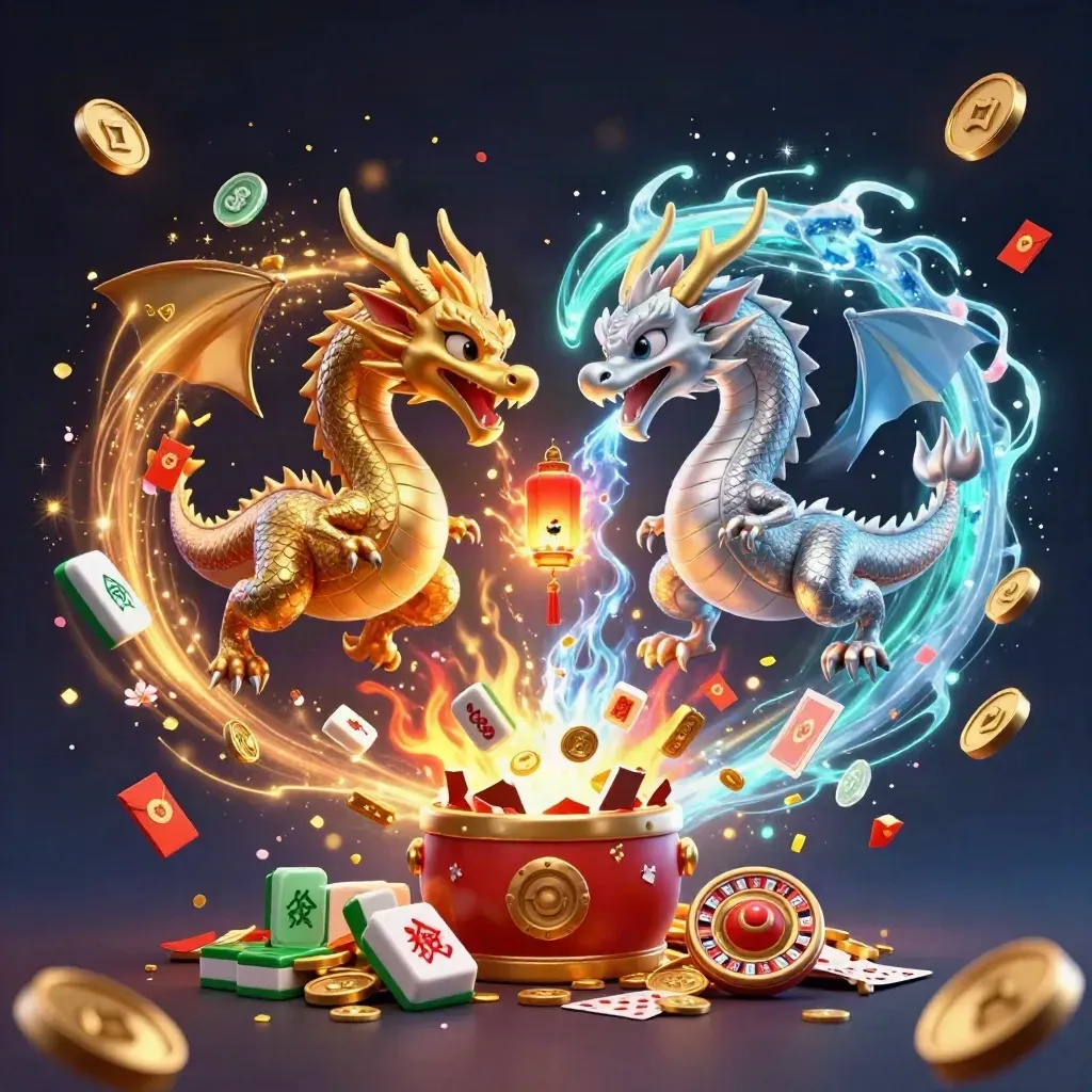 Dos dragones 3D entrelazados, monedas de oro y faroles, explosión de bonus sobre fondo azul noche.