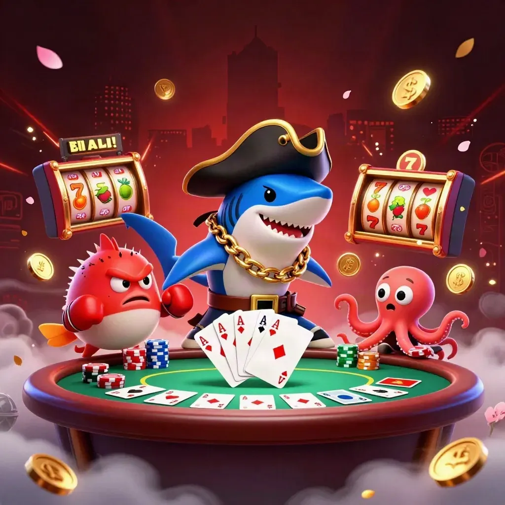 Tiburón pirata, pez globo y pulpo con fichas y cartas en un casino oscuro y brillante.