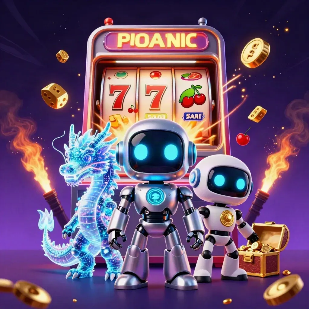 Robot ciberpunk con dragón holográfico, dados, jackpot y símbolos de casino sobre fondo morado oscuro.