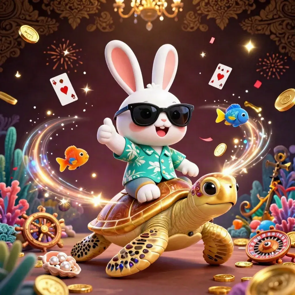 Conejo lucky sobre tortuga dorada, con monedas, coral, cartas y fuegos artificiales.