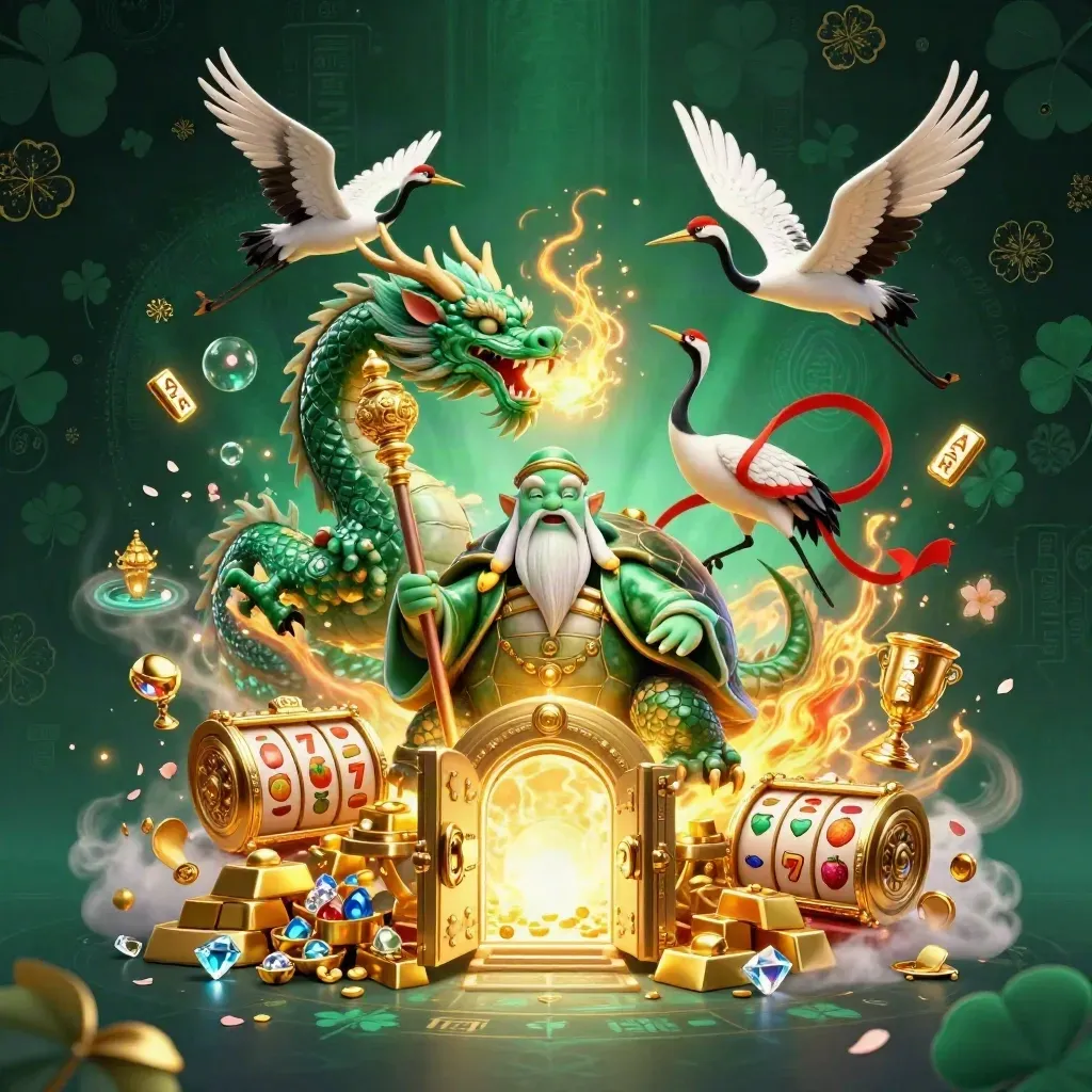 Dragón jade con fuego dorado, tortuga sabia y grullas entre oro y luces