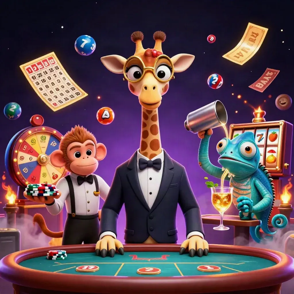 Giraffe elegante, mono camarero y camaleón en mesa VIP con fichas, luces doradas y ambiente casino.