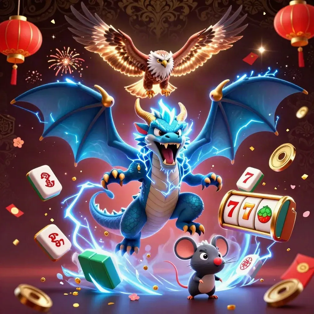 Dragón trueno, halcón y ratón eléctricos entre fichas, faroles y monedas sobre fondo lujoso oscuro.